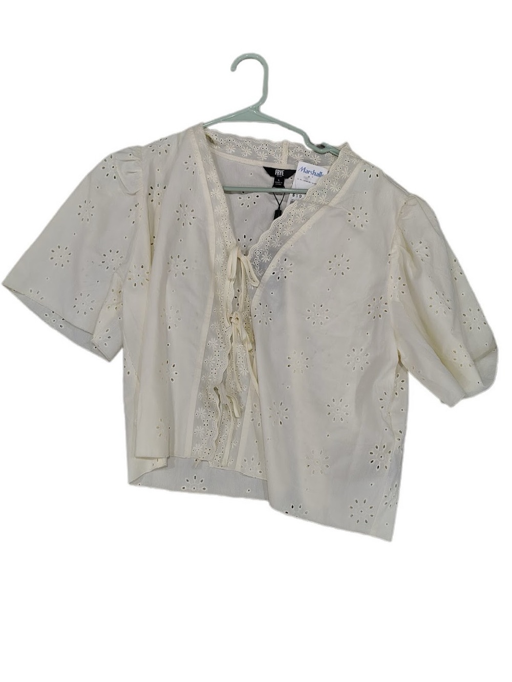 Frye Cream Eyelet Lace-Trim Short Sleeve Top